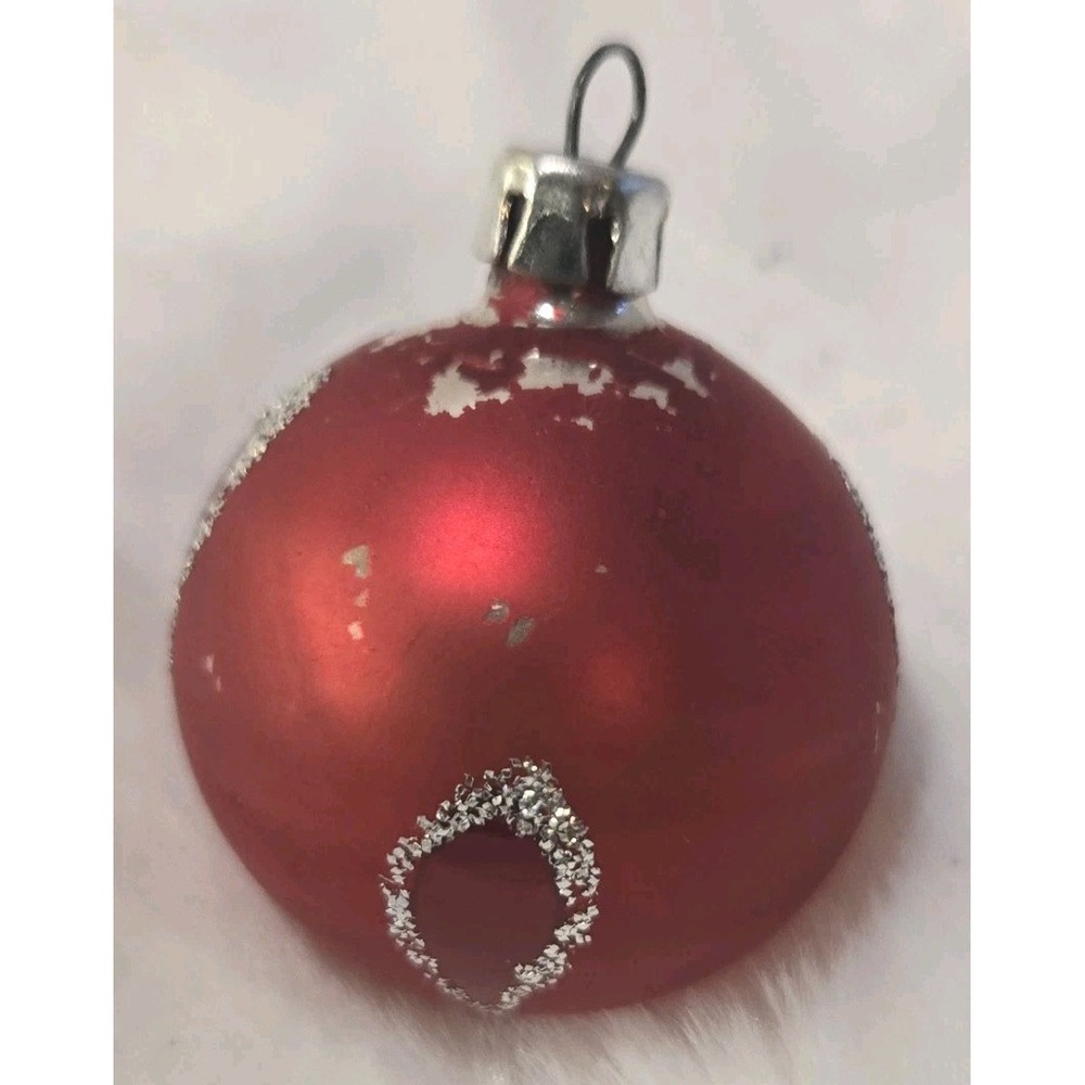 Vintage Red Blown Glass Christmas Ornament Silver Glitter Teardrop Motif 2in